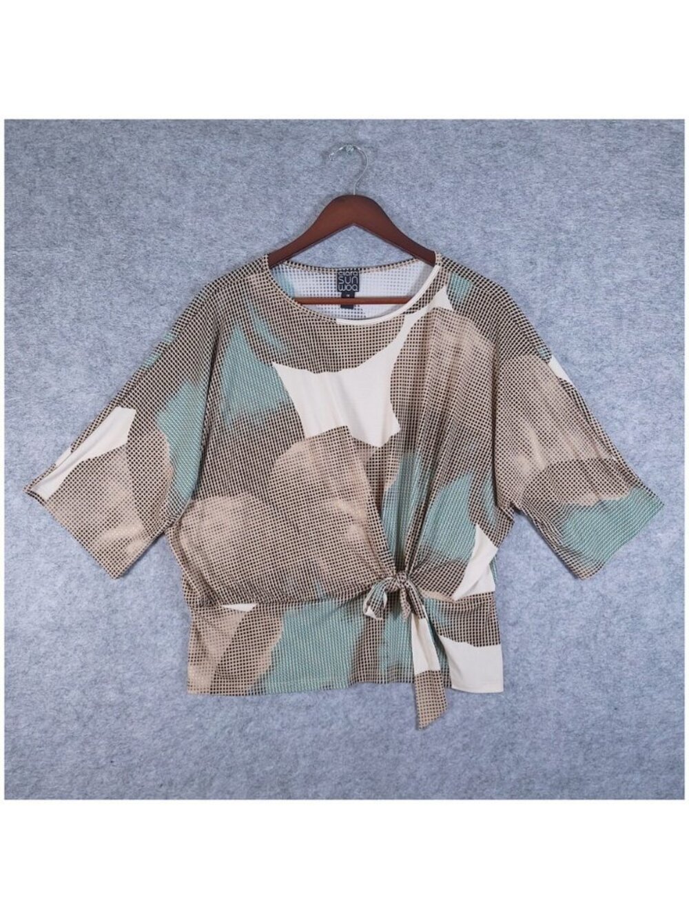 Clara Sunwoo Dolman Tie Front Top Womens 1X Teal Abstract Lagenlook Art to Wear